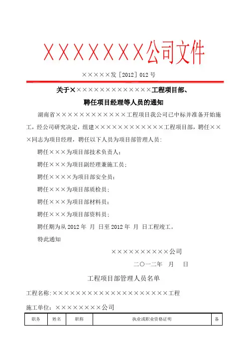 建筑工程项目部管理人员聘任书