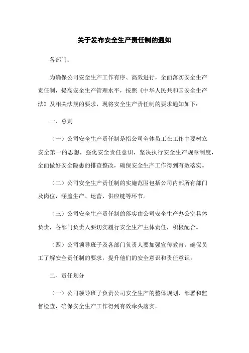 关于发布安全生产责任制的通知