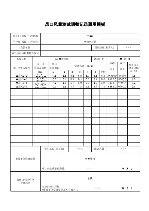 风口风量测试调整记录通用模板
