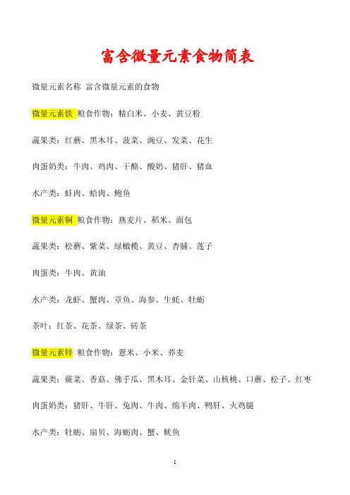 微量元素食物含量简表