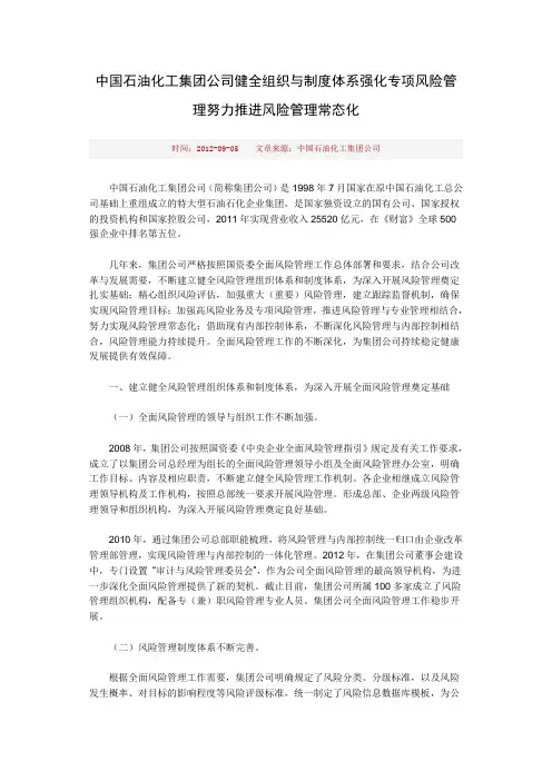中国石油化工集团公司健全组织与制度体系强化专项风险管理努力推进风险管理常态化