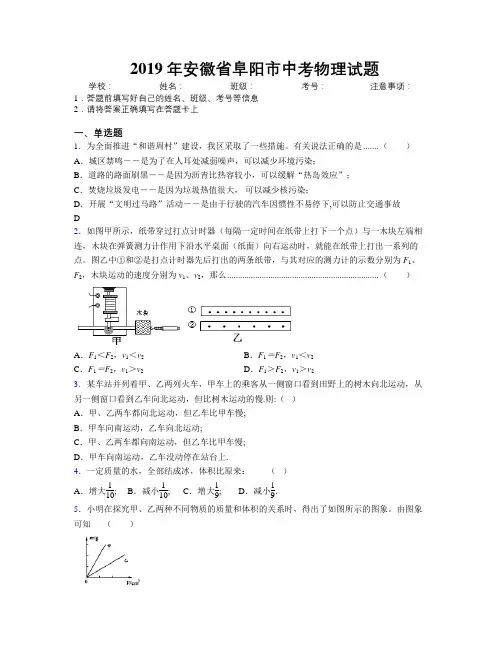 最新2019年安徽省阜阳市中考物理试题及解析