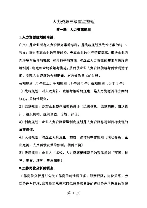 人力资源管理师三级考试重点整理2016年版