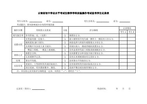 云南省初中学业水平考试生物学学科实验操作考试监考学生记录表
