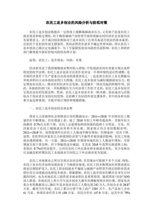 农民工返乡创业的风险分析与防范对策