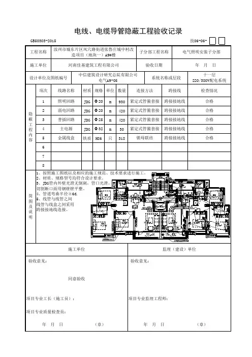 电线 电缆导管隐蔽工程验收记录