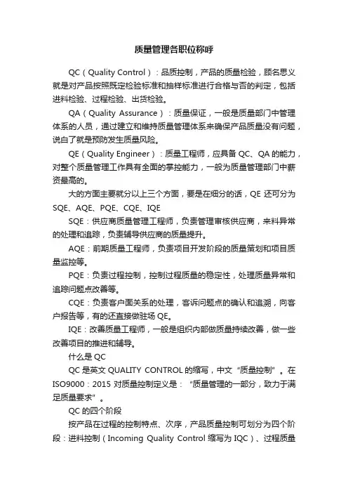 质量管理各职位称呼