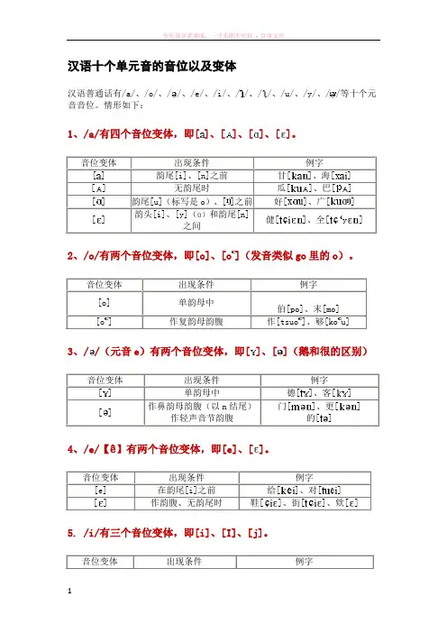 汉语十个单元音的音位以及变体(附国际音标版)2