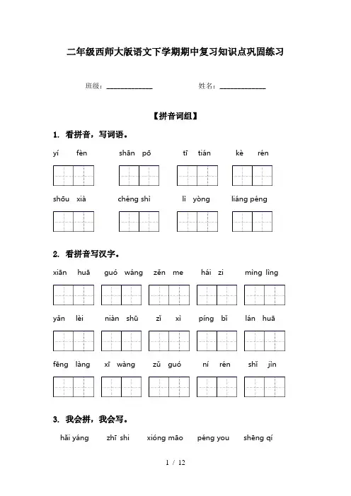 二年级西师大版语文下学期期中复习知识点巩固练习