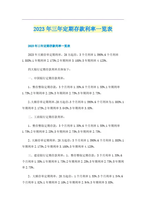 2023年三年定期存款利率一览表