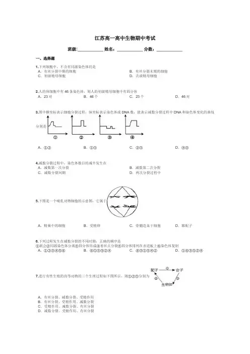 江苏高一高中生物期中考试带答案解析
