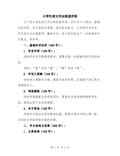 小学生语文作业检查评语