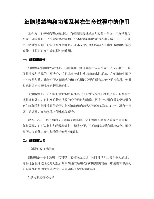 细胞膜结构和功能及其在生命过程中的作用