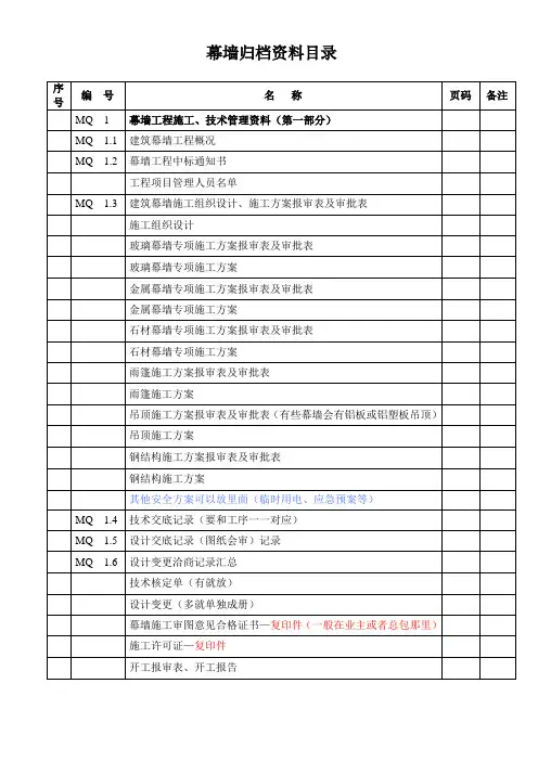 幕墙资料归档目录