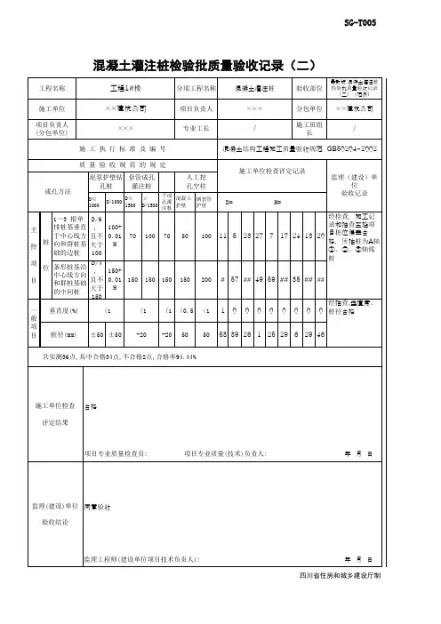 最新版 混凝土灌注桩检验批质量验收记录(二)(范例)