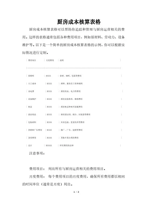 厨房成本核算表格