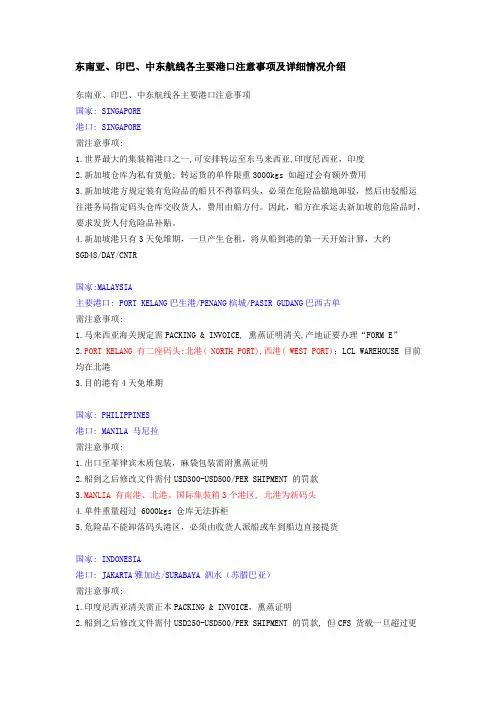 东南亚、印巴、中东航线各主要港口注意事项及详细情况介绍