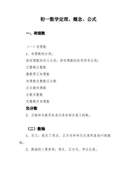 初一数学定理、概念、公式