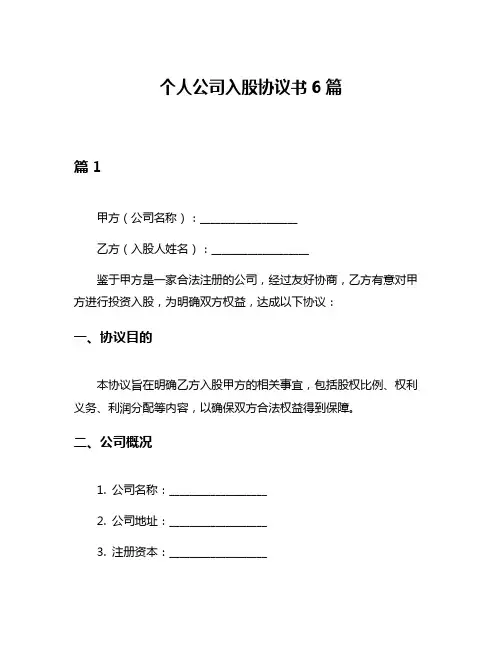 个人公司入股协议书6篇