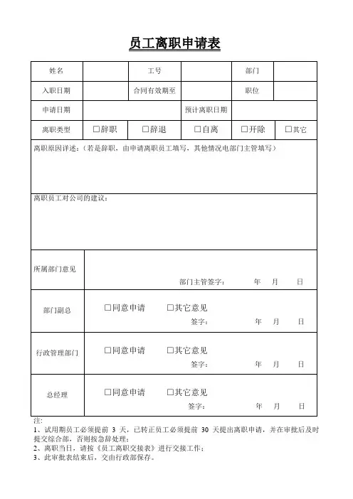 员工离职申请表(打印)