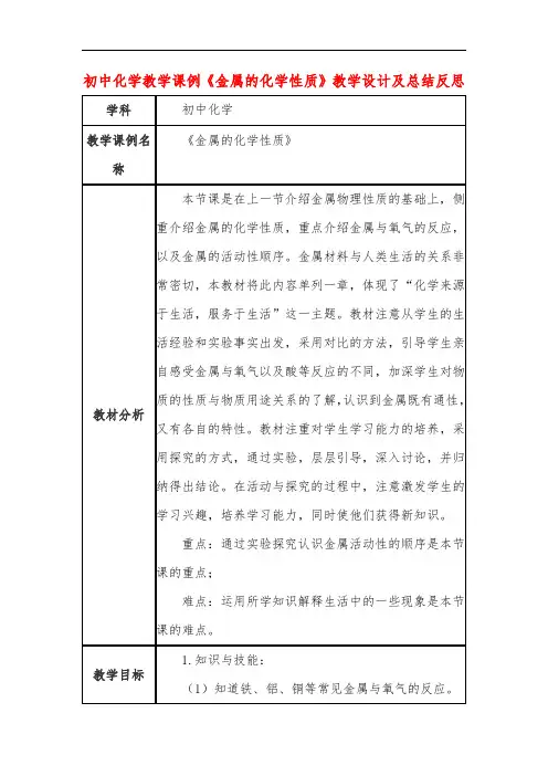初中化学教学课例《金属的化学性质》教学设计及总结反思
