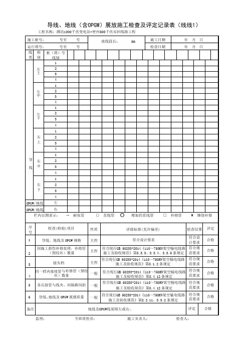 导线、地线(含OPGW)展放施工检查及评定记录表(线线1)