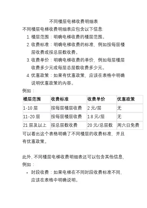 不同楼层电梯收费明细表