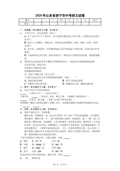 2020年山东省济宁市中考语文试卷解析版
