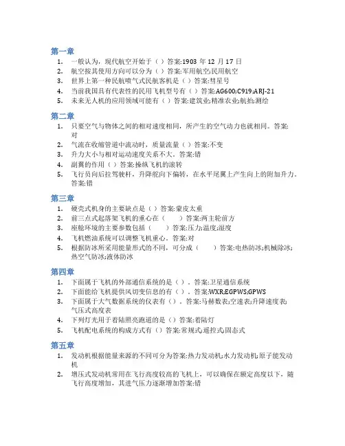 智慧树答案航空概论(山东联盟)知到课后答案章节测试2022年