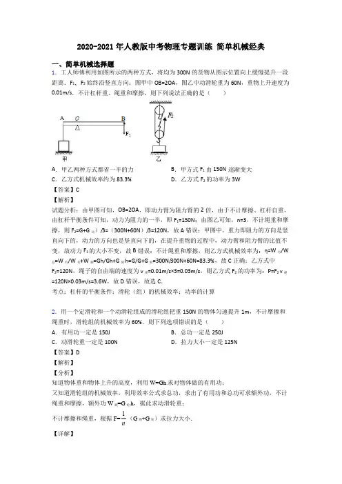 2020-2021年人教版中考物理专题训练 简单机械经典