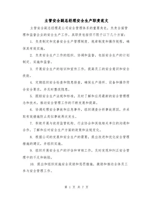 主管安全副总经理安全生产职责范文（4篇）
