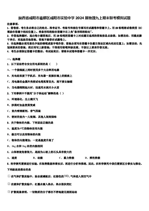 陕西省咸阳市秦都区咸阳市实验中学2024届物理九上期末联考模拟试题含解析