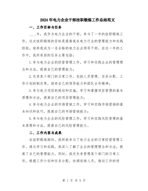 2024年电力企业干部挂职锻炼工作总结范文