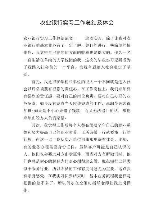 农业银行实习工作总结及体会