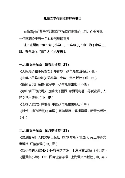 儿童文学作家推荐经典书目