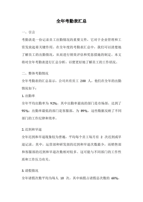 全年考勤表汇总