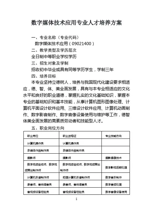 (完整版)数字媒体技术应用专业人才培养方案