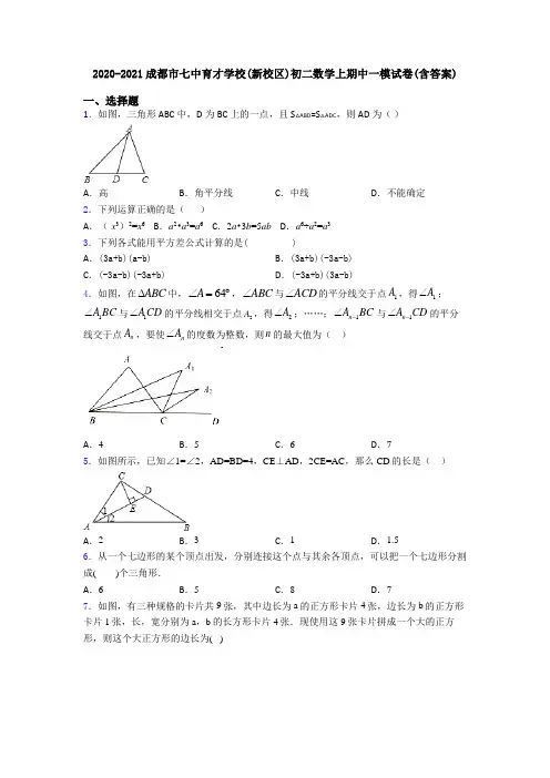 2020-2021成都市七中育才学校(新校区)初二数学上期中一模试卷(含答案)