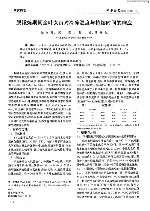 脱锻炼期间金叶女贞对冷冻温度与持续时间的响应