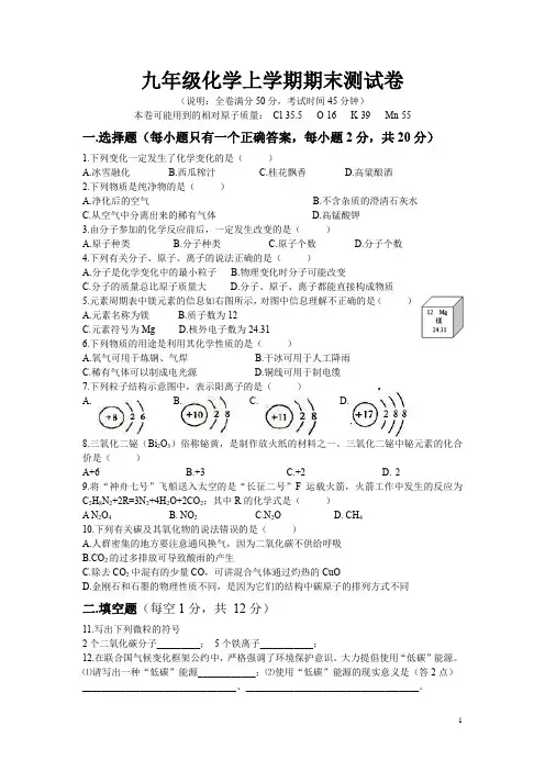 2019年人教版九年级化学上学期期末测试卷及答案
