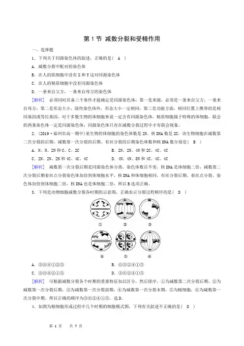生物试题 人教版必修2同步检测第2章基因和染色体的关系第1节减数分裂和受精作用训练