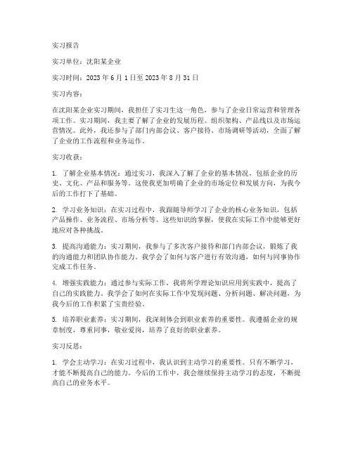 沈阳实习报告