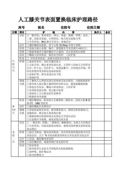 膝置换临床护理路径