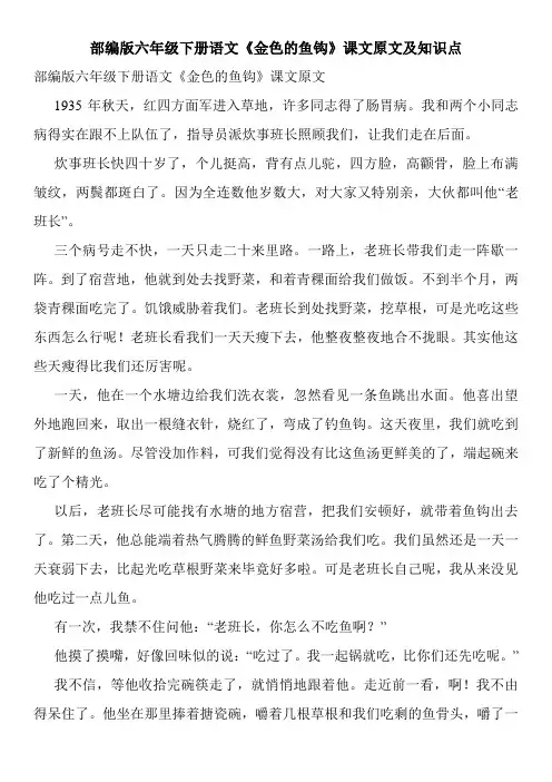 部编版六年级下册语文《金色的鱼钩》课文原文及知识点