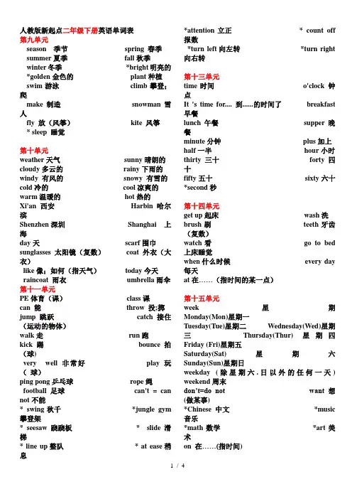 人教版新起点二年级下册英语单词表