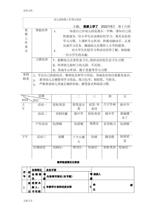 幼儿园教育保教工作周计划表