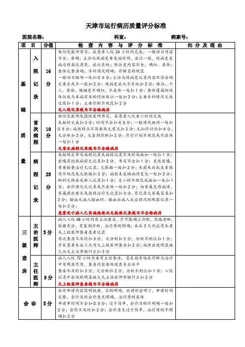 天津医院评审现岗病历质量检查评分标准-天津医科大学总医院