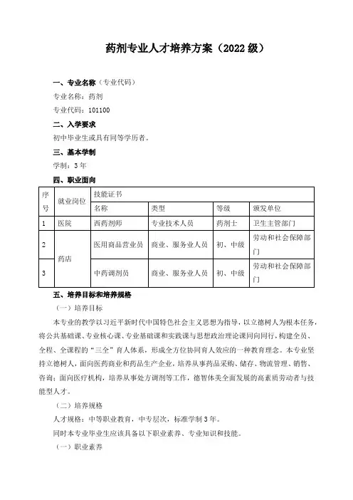 药剂专业人才培养方案(2022级)