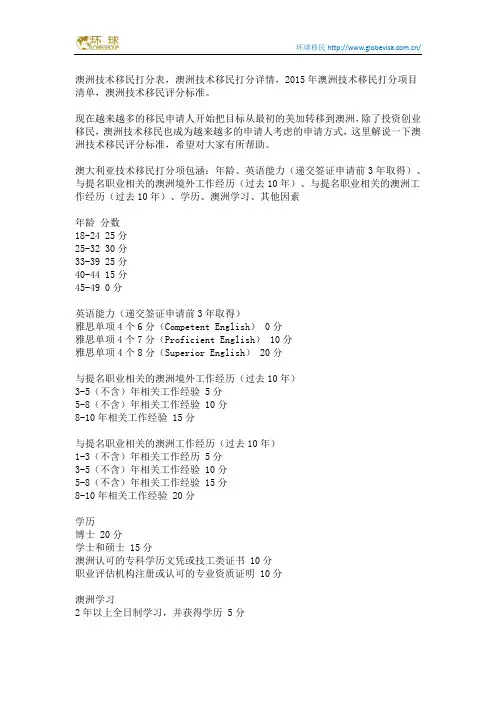 澳洲技术移民评分表,2015年澳洲技术移民评分标准