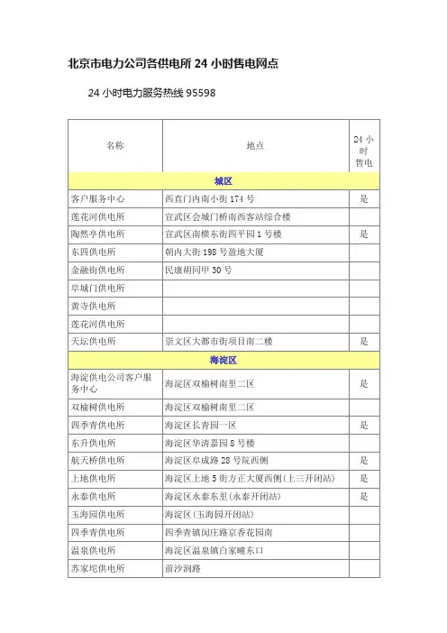 北京市电力公司各供电所24小时售电网点